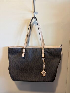 Michael Kors Brown MK Signature Tote with Beige Trim